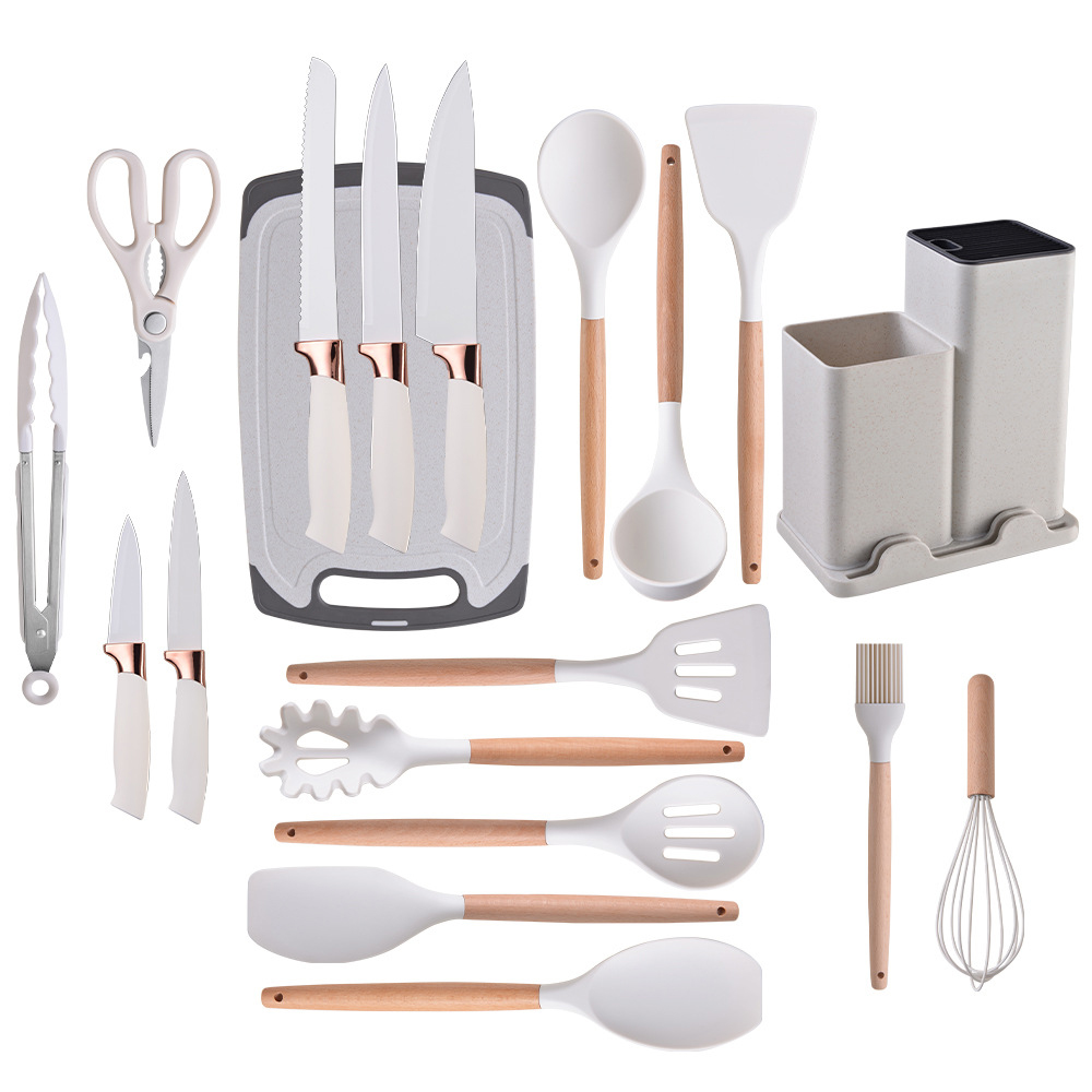 2023 Hot Selling 19pcs Silicone Kitchen Utensils Set With Wooden Handle Cuttings Board Storage Bucket Kitchen Gadget Set