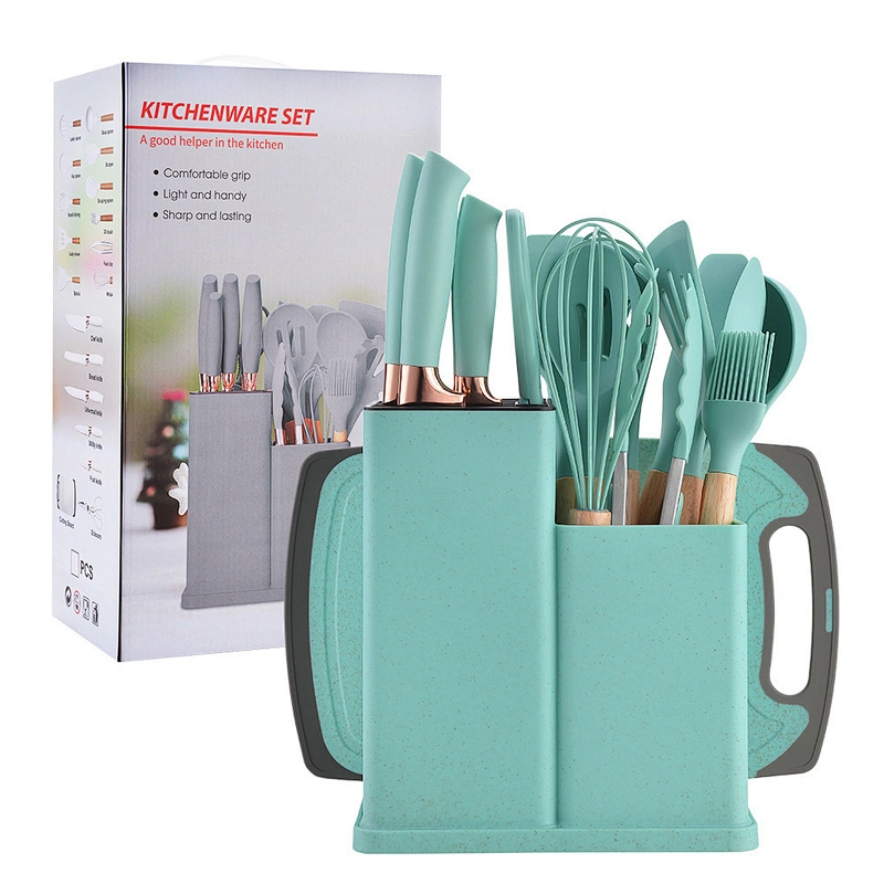 2023 Hot Selling 19pcs Silicone Kitchen Utensils Set With Wooden Handle Cuttings Board Storage Bucket Kitchen Gadget Set
