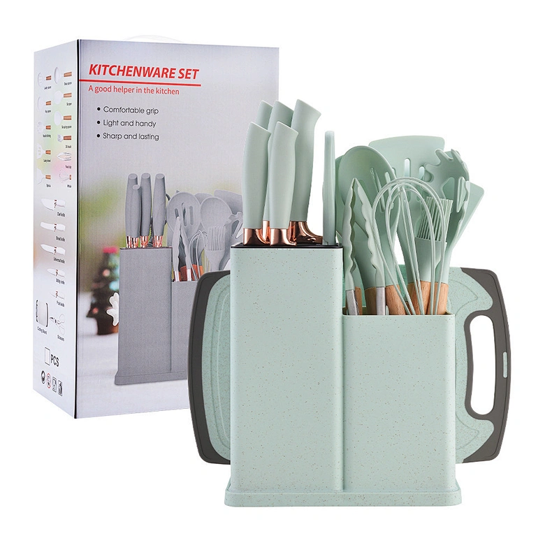 2023 Hot Selling 19pcs Silicone Kitchen Utensils Set With Wooden Handle Cuttings Board Storage Bucket Kitchen Gadget Set