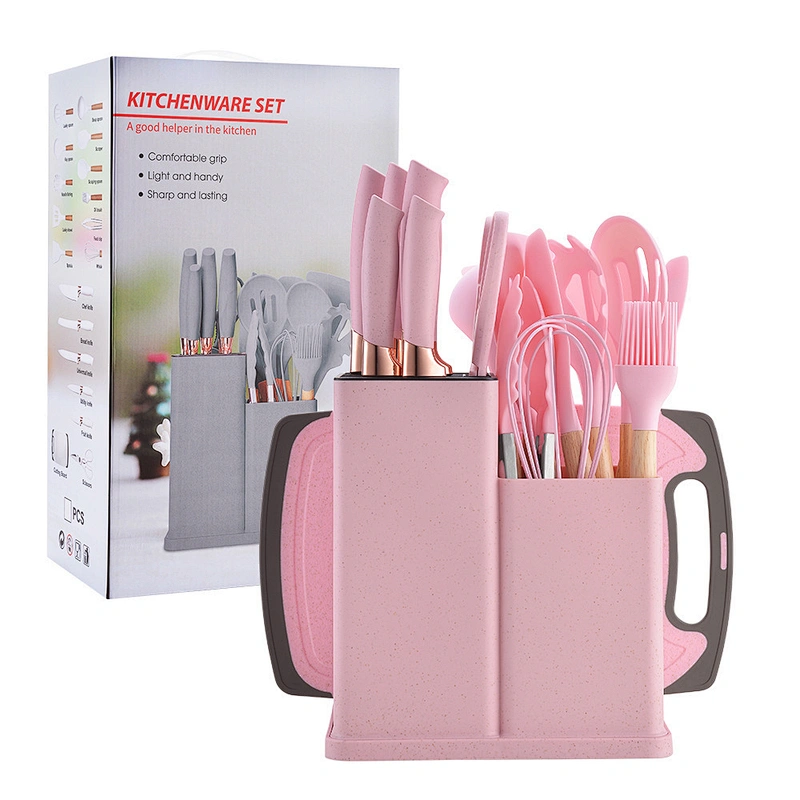 2023 Hot Selling 19pcs Silicone Kitchen Utensils Set With Wooden Handle Cuttings Board Storage Bucket Kitchen Gadget Set